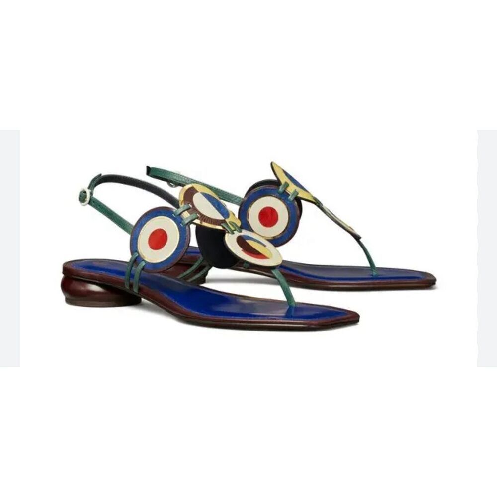 Tory Burch Marquetry Flat Disk Colorblock Slingback Sandal Blue Nights Plum 8